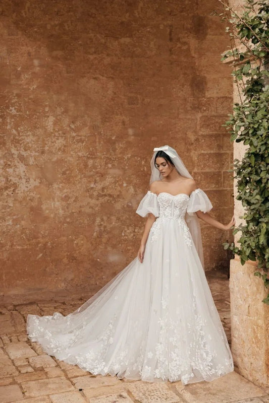 Modern Sweetheart Wedding Gown For Bride Lantern Sleeves Lace Appliques A-line Backless Robe De Mariée Customised