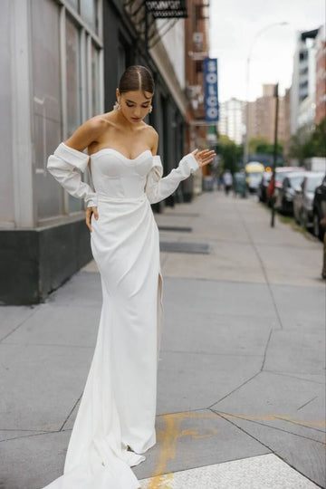 Modern Sweetheart Wedding Gown For Bride Straight Long Sleeve Pleat Illusion Backless Zipper Robe De Mariée Customised