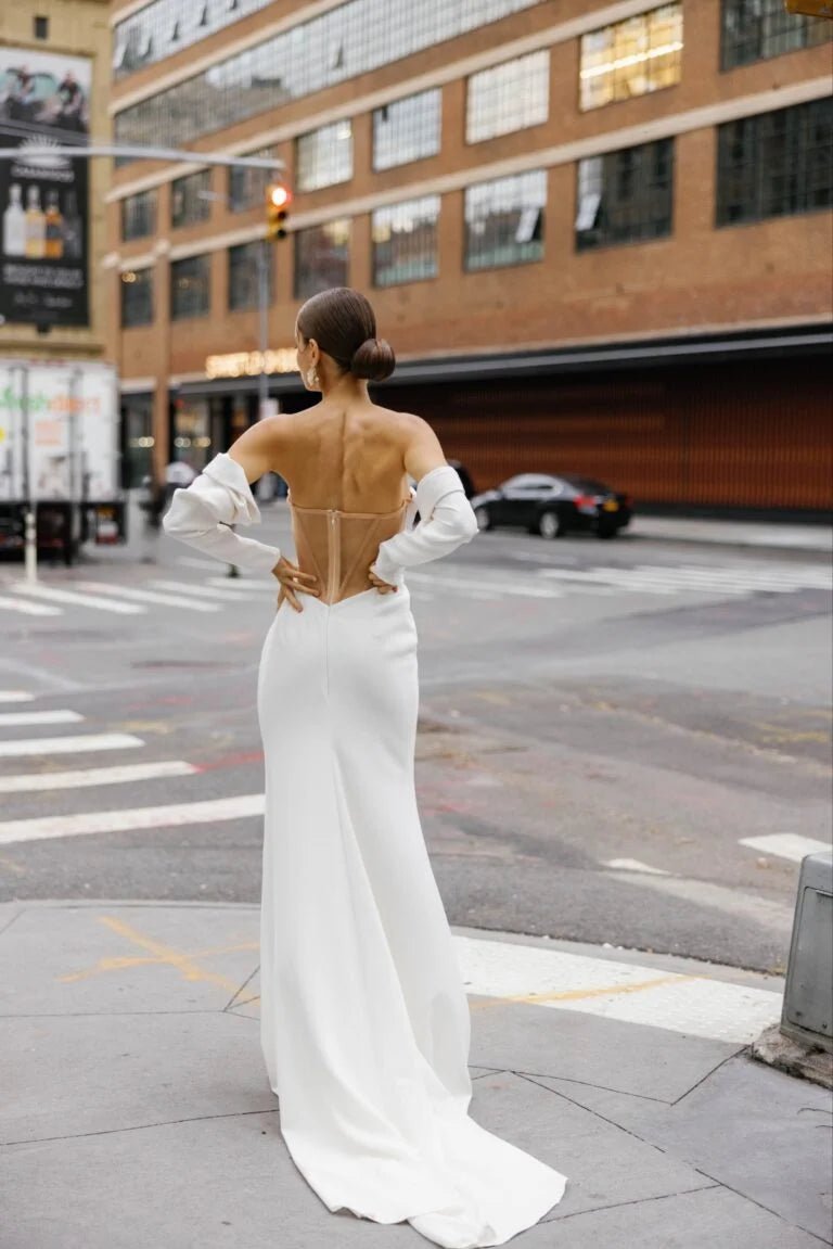 Modern Sweetheart Wedding Gown For Bride Straight Long Sleeve Pleat Illusion Backless Zipper Robe De Mariée Customised