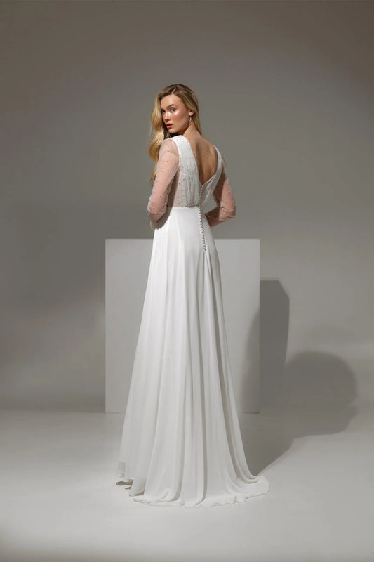 Bohemia Wedding Dresses Deep V-Neck A-Line High Waist Pleats Bridal Gowns Long Sleeves Backless Bride Dress