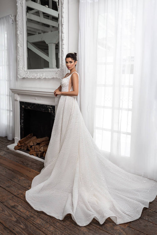 Graceful A-Line Wedding Dress with Spaghetti Straps, Square Neckline & Flattering Natural Waistline