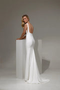 Sheath silhouette Wedding Dress Sleeveless Backless boat neck neckline Buttons natural waistline