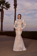 Shiny Sequins Beads Bride Robe Modest High Collar Long Sleeve Bridal Gown