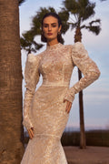 Shiny Sequins Beads Bride Robe Modest High Collar Long Sleeve Bridal Gown