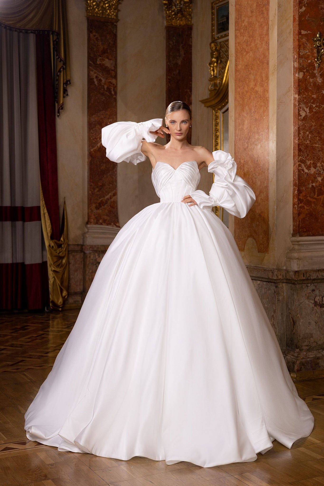 Sweetheart A Line Simple Wedding Gown Long Detachable Puffy Sleeves Bride Dress