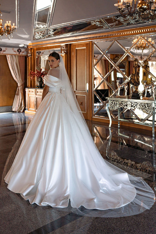 Glamorous Satin Wedding Gown For Bride A-line Off the Shoulder High Neck Pearls