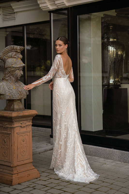 Lace Illusion V-Neck Mermaid Wedding Dresses Full Sleeves Backless Bridal Gowns