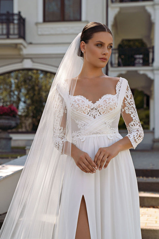 Lace Sweetheart Wedding Dresses Side Split Long Sleeves A-Line Chiffon Bride Gowns Applique Vestidos De Novia