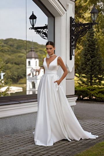 V-neck Satin Bridal Wedding Dress A-line Wedding Gown Sleeveless with Pockets Sweep Train vestidos de novia