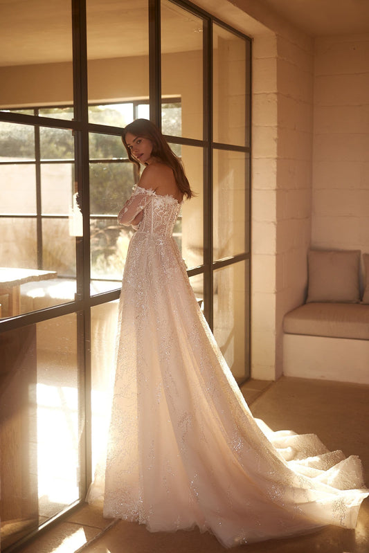 Off The Shoulder Long Sleeve Wedding Dress Sequined Bride Robe Elegant A-line Long Bridal Gown