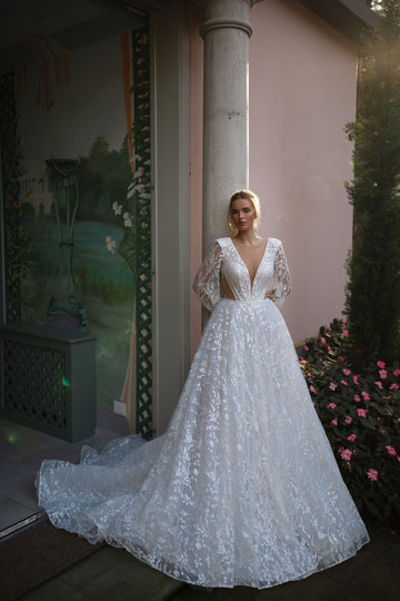 A-line Lace Wedding Dress Sheer Neck Full Illusion Sleeves Customized Bride Dresses Deep V Neck