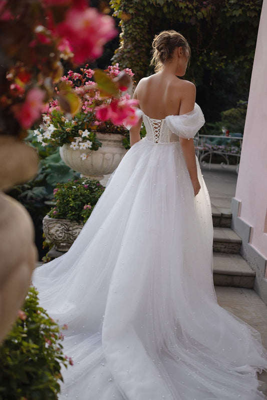 Charming Off the Shoulder Wedding Dresses for Women A-line Pleat V-neck Beads Lacing Up