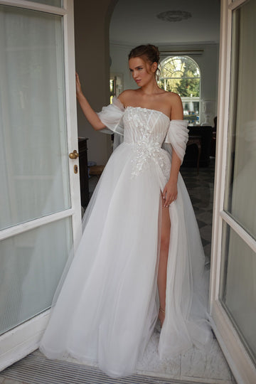 Vintage Side Slit Wedding Gown for Bride Appliques Off the Shoulder Pleat Strapless Robe De Mariee