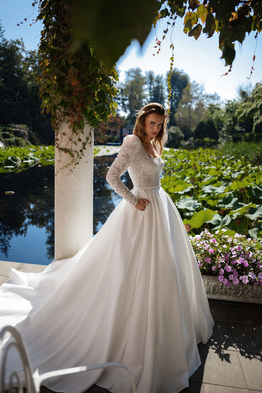 Msikoods vestidos de novia modernos de línea A para mujer, vestido de novia de encaje de manga larga con cuello cuadrado y cinturón de bolsillo, vestido de novia