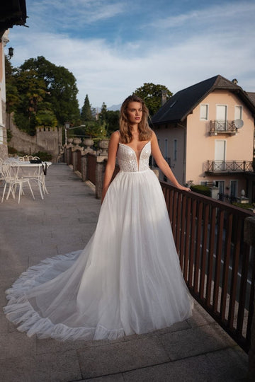 Charming Wedding Dress for Women Bride Sequins Tulle Spaghetti Strap Deep V Neck Backless A Line