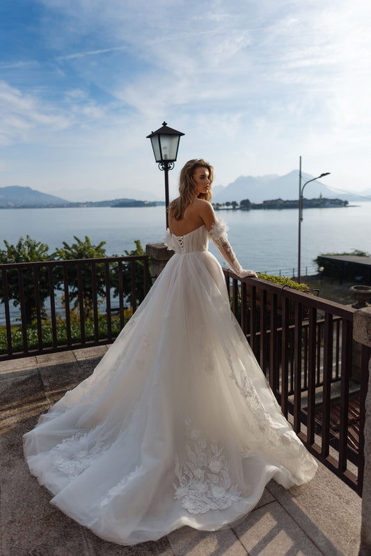 Wedding Dress Tulle Off-the-shoulder Long Illusion Sleeve A-line Elegant Exquisite style Luxury