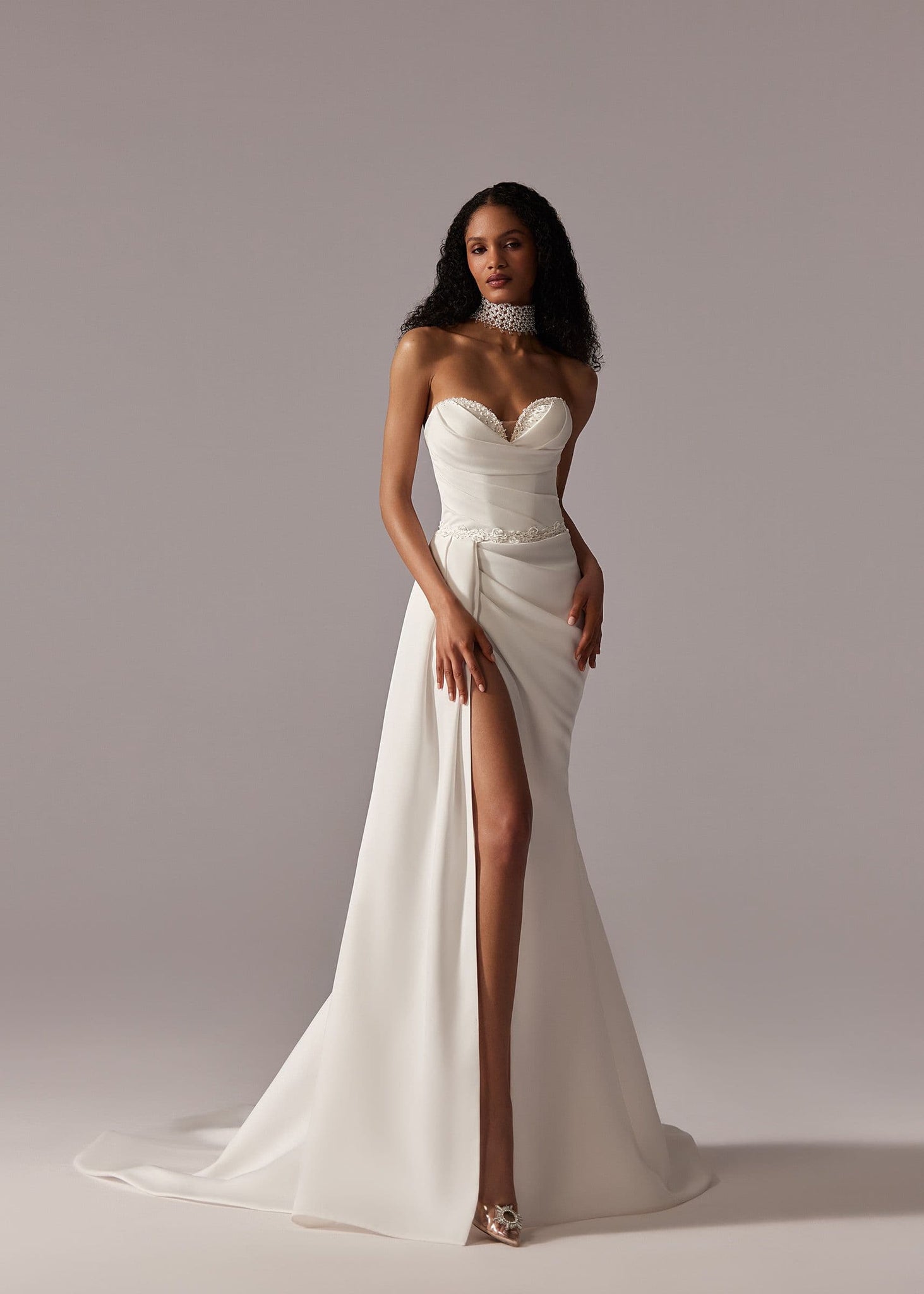 Satin Pleated Beaded Wedding Dress Court Lace up Side Slit Wedding Gown