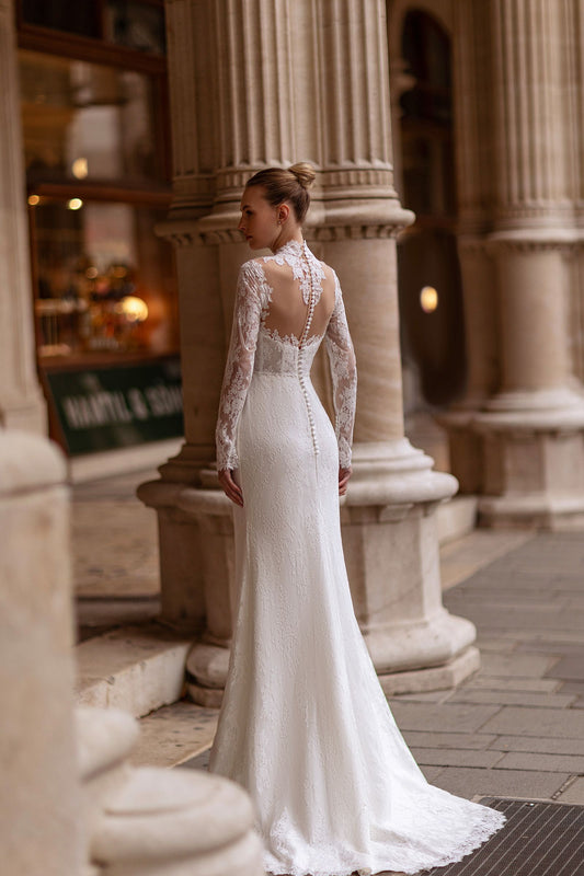 Classic High Neck Mermaid Wedding Dress Gorgeous Appliques Lace Long Sleeve Princess Bride Gown