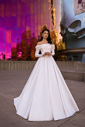 Modern Satin Wedding Dress Off Shoulder A Line Long Sleeve Elegant Bride Dress Brides Bridal Gown Customized