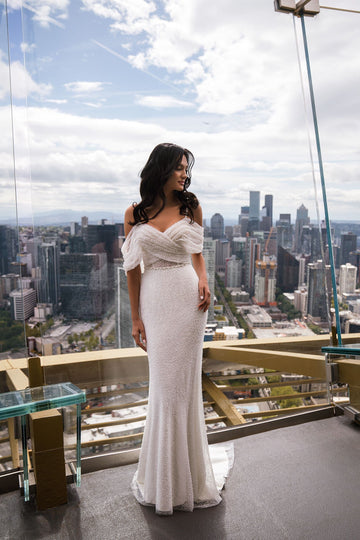 Bohemian Off shoulder Straps V-neck Sequined Wedding Dress Sexy Sheath Lace up Court Bride Wedding Gown