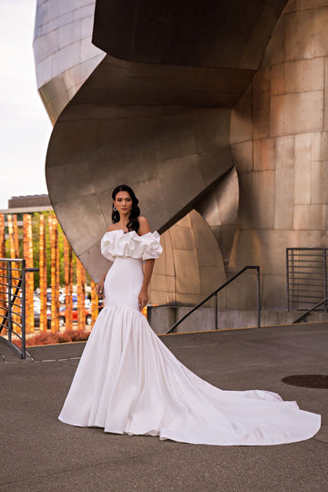 Off the Shoulder Satin Mermaid Wedding Dress with Delicate Ruffles Shoulder for Brides Elegant Timeless Bridal Dress