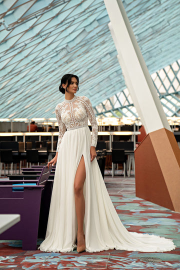 Civil Applique A Line Wedding Dress O-Neck Long Sleeve Chiffon Bride Gown Illusion Open Back With Button Customized