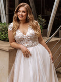 Classic Tulle Wedding Dresses Plus Size V Neck Cap Sleeves Bride Gowns Appliques Floor Length A-Line Vestidos De Novia