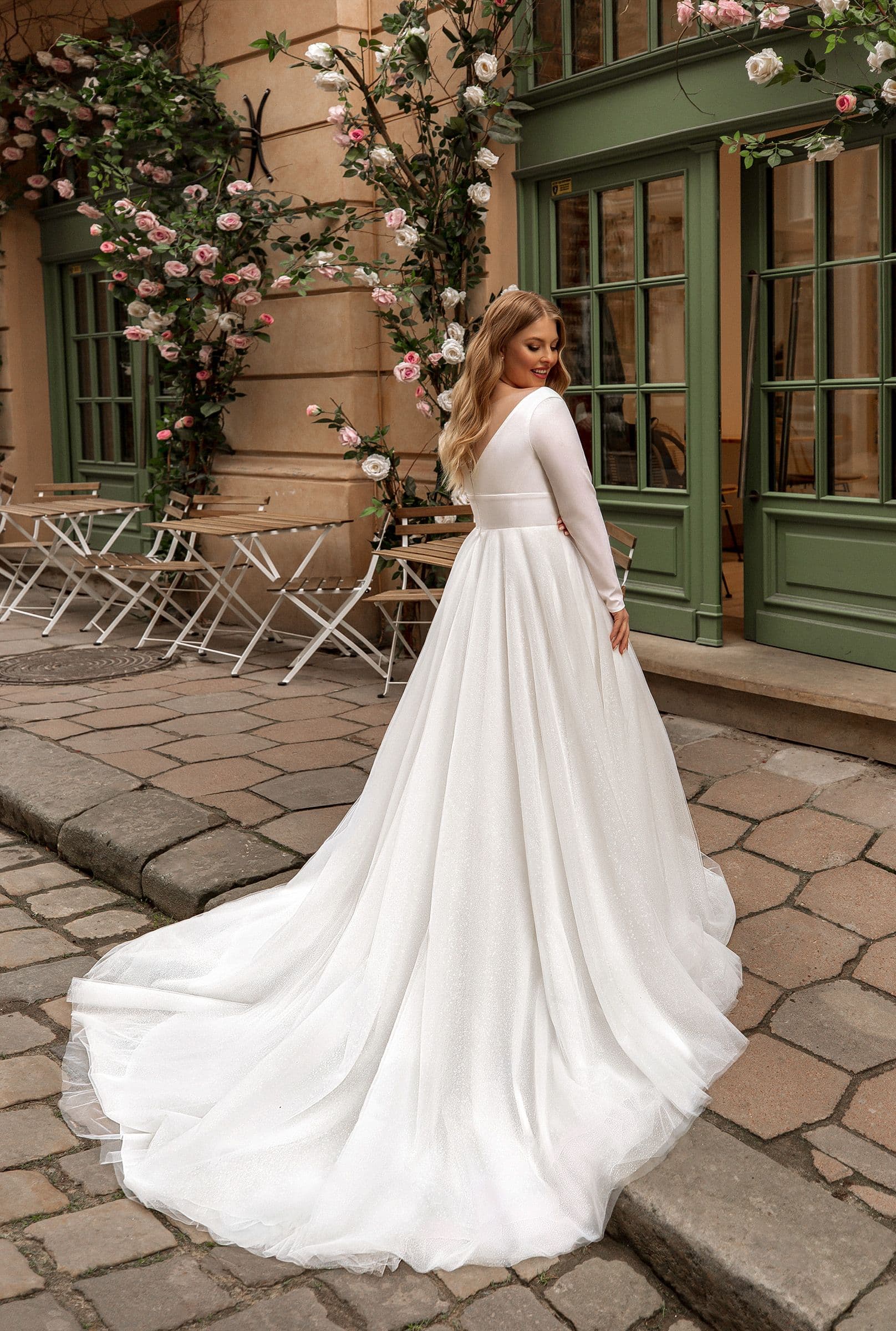 Plus Size Wedding Dresses with Satin Full Sleeve A Line Sweep Train Bridal Gowns for Women