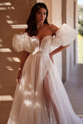 Off the Shoulder Tulle Wedding Dresses Puff Sleeve for Bridal Side Split Lace Wedding Gown