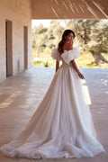 Off the Shoulder Tulle Wedding Dresses Puff Sleeve for Bridal Side Split Lace Wedding Gown