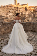 Attractive A-line Wedding Dress New Strapless Tulle Off the Shoulder Brush Train Lacing Up