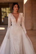 Elegant Wedding Dresses V-Neck Long Sleeve Vestido De Novia Lace tulle Train Luxury Custom Made Bridal Gown