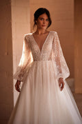 Elegant Wedding Dresses A-Line Tulle Bridal Gowns Long Puff Sleeves Sexy Robes Deep V-Neck Vestidos De Novia