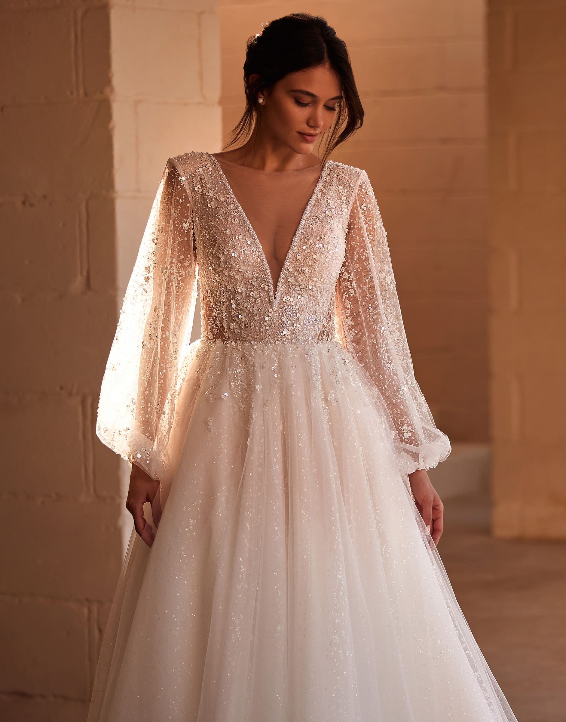 Elegant Wedding Dresses A-Line Tulle Bridal Gowns Long Puff Sleeves Sexy Robes Deep V-Neck Vestidos De Novia