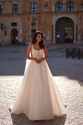 Vintage A-line Wedding Gown for Bride Cape Scoop Neck Appliques Lacing Up Pleat Robe De Mariee