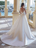 Satin Wedding Dress Slit Square Collar A-line Pleat Backless Lace Appliques Robe De Mariee Customized