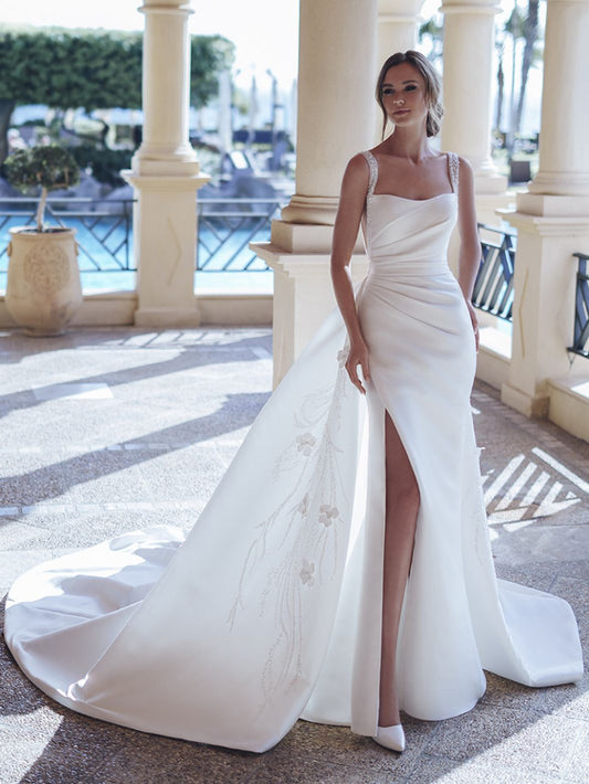 Satin Wedding Dress Slit Square Collar A-line Pleat Backless Lace Appliques Robe De Mariee Customized