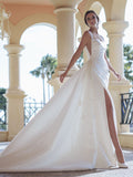 Satin Wedding Dress Slit Square Collar A-line Pleat Backless Lace Appliques Robe De Mariee Customized