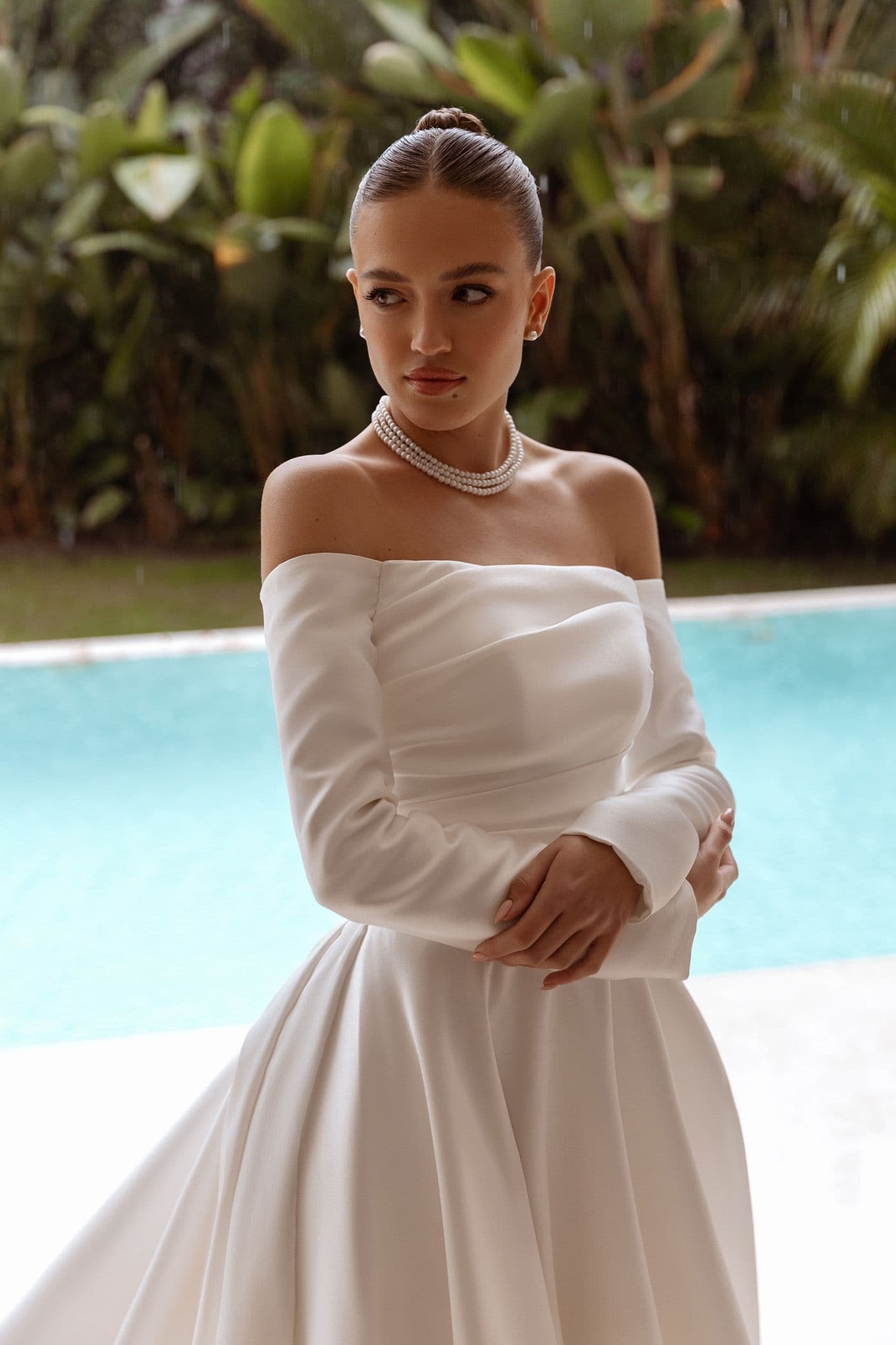 Simple Satin A Line Wedding Dresses Women Sexy Off The Shoulder Bride Gowns Boat Neck Long Sleeve Customized Vestido De Novia