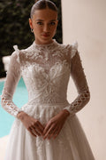 Graceful A Line Wedding Dresses Elegant Appliques High Neck Bride Gowns Illusion Long Sleeve Customized Vestidos De Novia