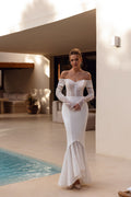 Mesmerizing Off the Shoulder Sequins Sheath Weeding Dress Floor-Length Backless Wedding Gown with Long Sleeve Vestido De