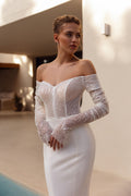 Mesmerizing Off the Shoulder Sequins Sheath Weeding Dress Floor-Length Backless Wedding Gown with Long Sleeve Vestido De