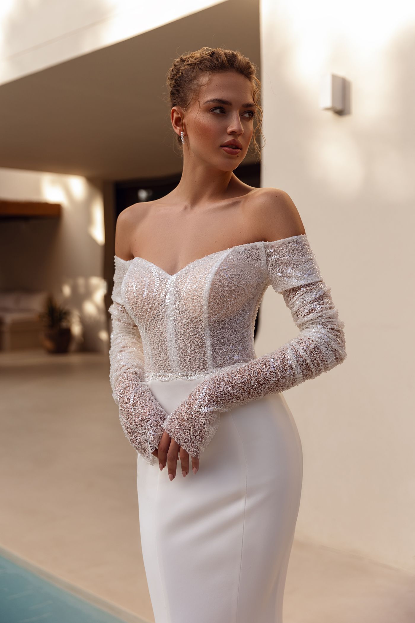 Mesmerizing Off the Shoulder Sequins Sheath Weeding Dress Floor-Length Backless Wedding Gown with Long Sleeve Vestido De