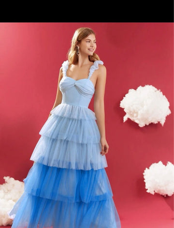 Patchwork Blue Prom Dress A-Line Strapless Spaghetti Strap Tiered Ruched Formal Evening Dress Floor Length Party Gown