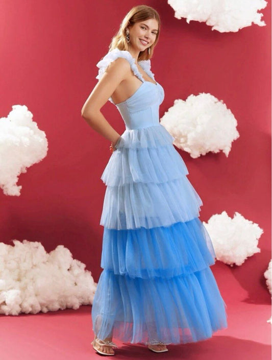 Patchwork Blue Prom Dress A-Line Strapless Spaghetti Strap Tiered Ruched Formal Evening Dress Floor Length Party Gown