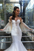 Elegant Mermaid Wedding Gown with Long Sleeves, V-Neckline, and a Flattering Dropped Waist for a Breathtaking Bridal Look