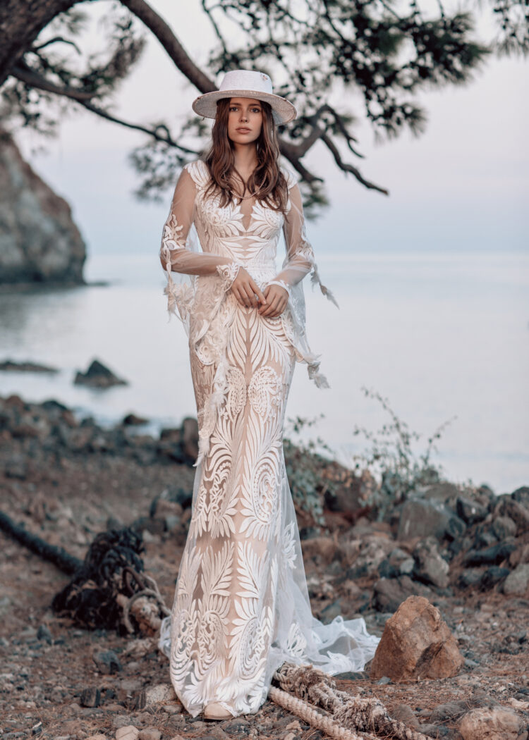 Serene A-Line Beach Wedding Dress with Long Sleeves, V-Neckline & Flattering Natural Waistline for a Dreamy Boho Bridal Look