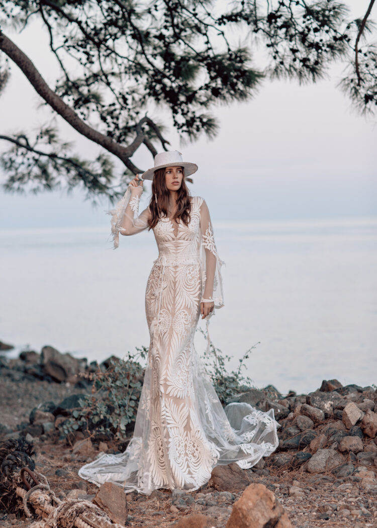 Serene A-Line Beach Wedding Dress with Long Sleeves, V-Neckline & Flattering Natural Waistline for a Dreamy Boho Bridal Look