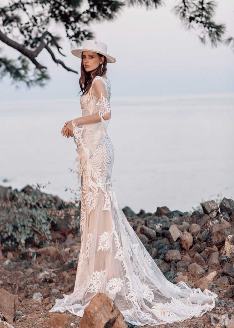 Serene A-Line Beach Wedding Dress with Long Sleeves, V-Neckline & Flattering Natural Waistline for a Dreamy Boho Bridal Look