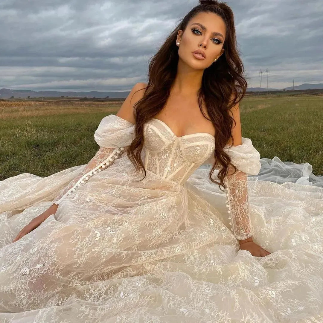 Sweethert Lace Wedding Dresses A Line Long Sleeve Bride Dress Romantic Wedding Gowns